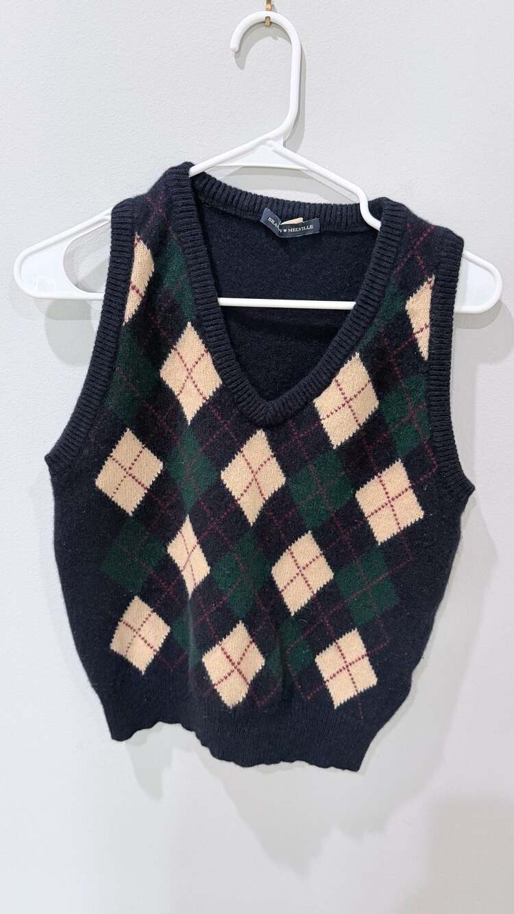 Brandy Melville Navy Blue Argyle V-Neck Wool Blend Sweater Vest